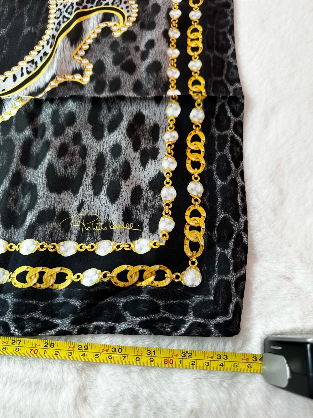 Roberto Cavalli Black and Gold Leopard Motif Silk Scarf